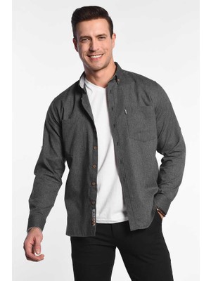 MENDO Koyu Gri Nakışlı Nakışlı Erkek Gömlek