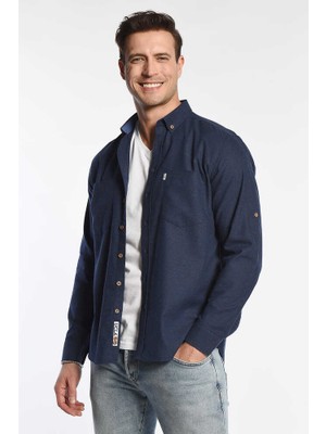 MENDO Koyu Lacivert Nakışlı Nakışlı Erkek Gömlek