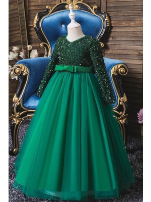 Miço Kids Yeşil  Payetli Kız Çocuk Abiye - Kız Çocuk Elbise