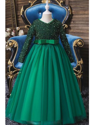 Miço Kids Yeşil  Payetli Kız Çocuk Abiye - Kız Çocuk Elbise