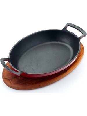 Lava Oval Kulplu Tava Ahşap Altlıklı 27 x 20 cm. Kırmızı