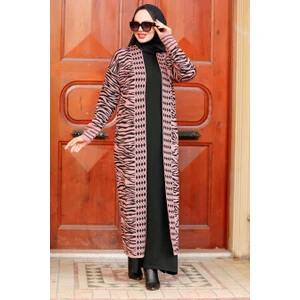 Neva Style  Neva Style - Zebra Desenli Gül Kurusu Tesettür Triko Hırka 3145GK