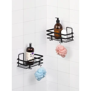 Okyanus Home - Sihirli Yapışkan Kancalı Siyah Lamalı 2 Adet Dikdörtgen Banyo Rafı