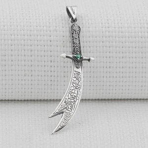Yeşil Taşlı Hz Ali Zülfikar Kılıc 925 Ayar Gümüş Erkek Kolye Ucu