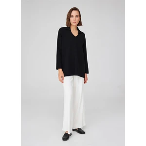 Polo V Yaka Bol Kesim Kadın Triko Kazak Siyah