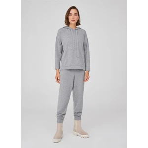 Kaşmir Karışım Kapşonlu Bol Kesim Kadın Triko Kazak Gri Melanj