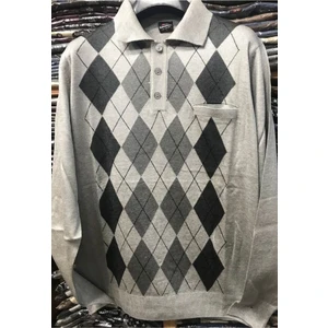 Nacar Store Erkek Desenli Polo Yaka Ince Yün Triko Düğmeli Baba Kazak