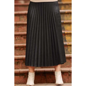 Neva Style  Neva Style - Pileli Siyah Tesettür Suni Deri Etek 2437S