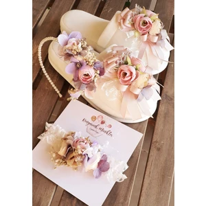 Rengarenk Minikler Anne Bebek Lohusa Pastel Cicekli Incili Terlik Tac Sacbandı Lohusa Takımı