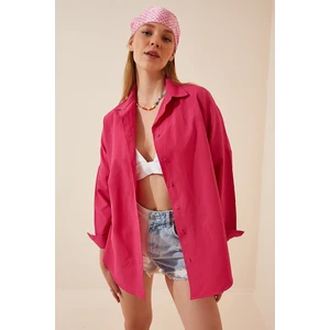 Kadın Koyu Pembe Oversize Uzun Basic Gömlek