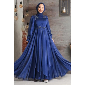 Neva Style  Tesettürlü Abiye Elbise - Balon Kol Indigo Tesettür Abiye Elbise 21910IM