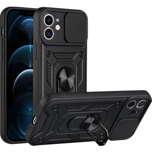 Apple iPhone 12 Uyumlu Kılıf Kamera Korumalı Sürgülü Yüzüklü Armor Military Tank Zırh