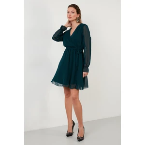 Kruvaze Yaka Bağlama Detaylı Şifon Mini Elbise Bayan Elbise 6051467