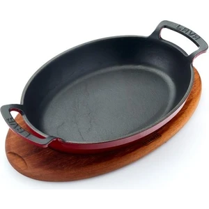 Oval Kulplu Tava Ahşap Altlıklı 27 x 20 cm. Kırmızı