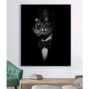 Stella Store Sigara Içen Kedi Takım Elbisede Komik Kanvas Tablo