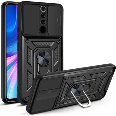 Fibaks Xiaomi Redmi 9 Uyumlu Kılıf Kamera Korumalı Sürgülü Yüzüklü Armor Military Tank