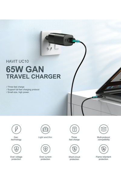 Havit UC10 65W Gan Teknoloji Hızlı Şarj Adaptörü - 2 Type-C, 1 USB Girişi