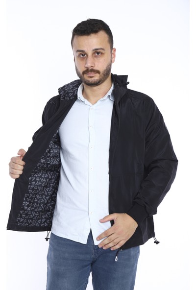 Escetic Erkek Siyah Yağmurluk - Rüzgarlık Kapişonlu İnce Mont - 6571
