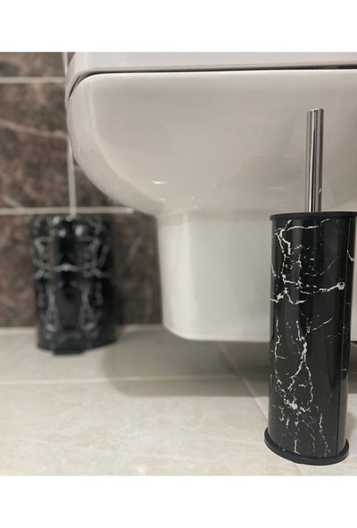 Empa Metal Siyah Mermer Desenli Çöp Kovası ve Klozet Fırçalığı Seti
