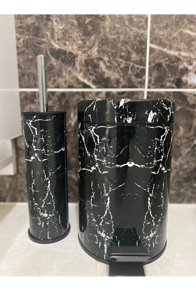 Empa Metal Siyah Mermer Desenli Çöp Kovası ve Klozet Fırçalığı Seti