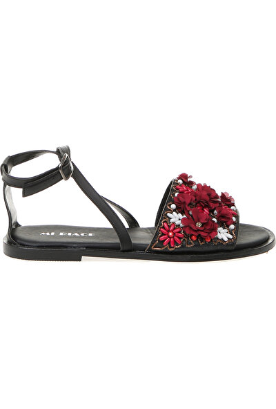 Mi Piace Çiçek Detaylı Düz Siyah Bordo Kadın Sandalet