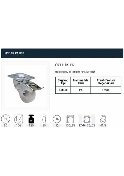 Istanbul E-Hırdavat Frenli Dönerli Tablalı Servis Tekeri Polyemid 80 mm 1'li