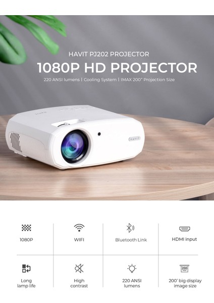 PJ202 Hd 1080P Taşınabilir Projeksiyon Cihazı - Wifi, 220 Ansi, Bluetotoh, Screen Mirror