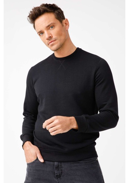 Erkek Siyah Modernfit / Ekstra Dar Kalıp Bisiklet Yaka Sweatshirt