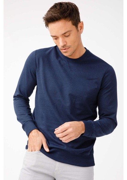 Erkek Lacivert Modernfit / Ekstra Dar Kalıp Bisiklet Yaka Sweatshirt modelleri