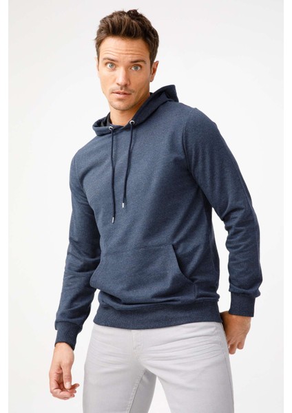 Erkek İndigo Modernfit / Ekstra Dar Kalıp Kapşonlu Fermuarsız Sweatshirt
