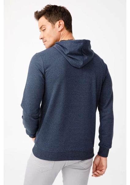 Erkek İndigo Modernfit / Ekstra Dar Kalıp Kapşonlu Fermuarsız Sweatshirt fiyatları
