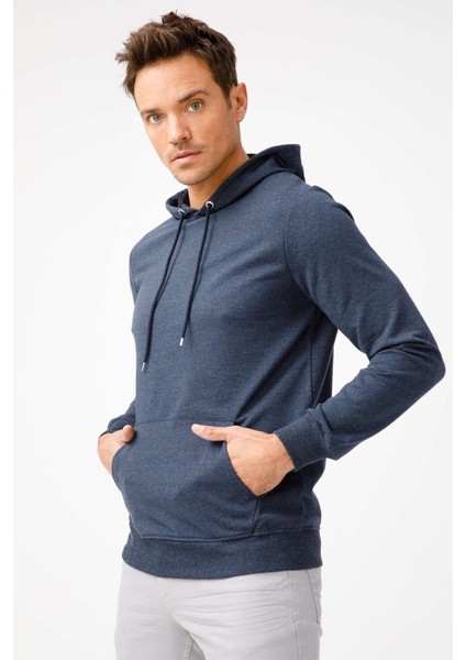 Erkek İndigo Modernfit / Ekstra Dar Kalıp Kapşonlu Fermuarsız Sweatshirt modelleri