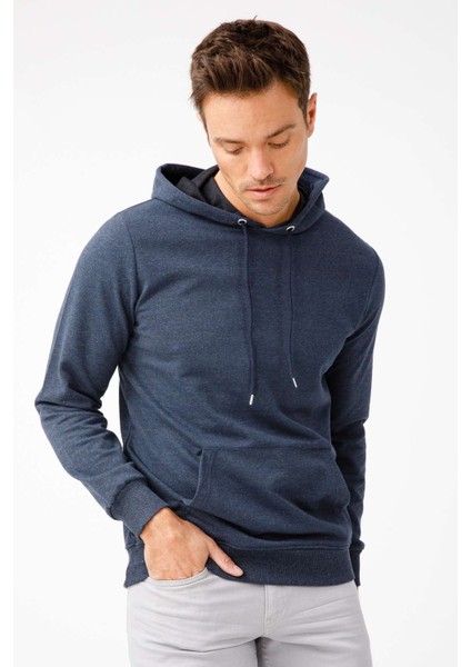 Erkek İndigo Modernfit / Ekstra Dar Kalıp Kapşonlu Fermuarsız Sweatshirt fırsatları