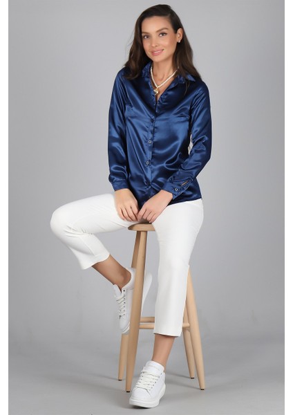 Sweetness Kadın Lacivert Saten Gömlek