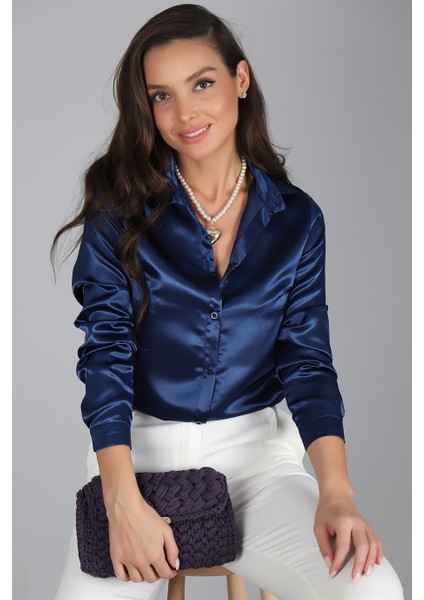Sweetness Kadın Lacivert Saten Gömlek fırsatları