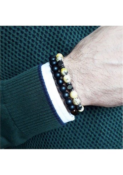 Zebercet - Oniks - Hematit Ikili Kombin Doğal Taş Bileklik modelleri