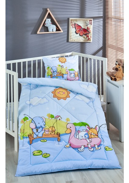 Baskılı Pamuklu Silikon Elyaf Bebek Yorganı+Yastık