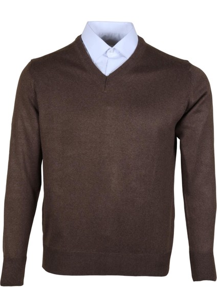 Erkek Yünlü Kazak V Yaka Normal Klasik Kesim Kahve RAR00377