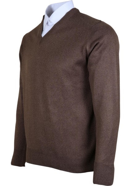 Erkek Yünlü Kazak V Yaka Normal Klasik Kesim Kahve RAR00377 modelleri