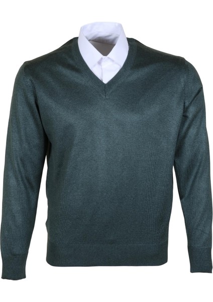 Erkek Yünlü Kazak V Yaka Normal Klasik Kesim Yeşil RAR00375
