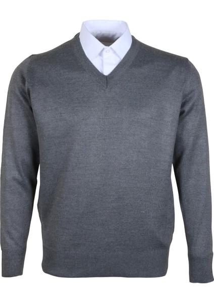 Erkek Yünlü Kazak V Yaka Normal Klasik Kesim Gri RAR00374