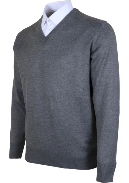 Erkek Yünlü Kazak V Yaka Normal Klasik Kesim Gri RAR00374 fiyatları