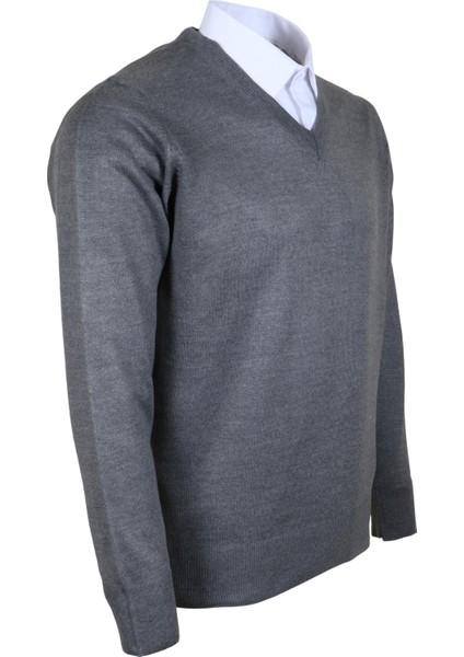 Erkek Yünlü Kazak V Yaka Normal Klasik Kesim Gri RAR00374 modelleri