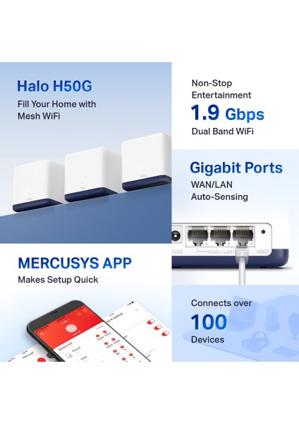 Halo H50G(3-pack), AC1900Mbps, Dual-Band, Gigabit Portları, 100'e Kadar Cihaz Bağlanabilir, 550 m²'ye Kadar Kapsama, Akıllı Bağlantı, Mobil Uygulama ile Kolay Kurulum, Wi-Fi 5 Mesh Sistemi