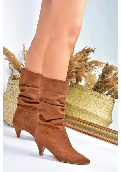 Taba Süet Kısa Topuklu Büzgülü Kadın Bot L404810602