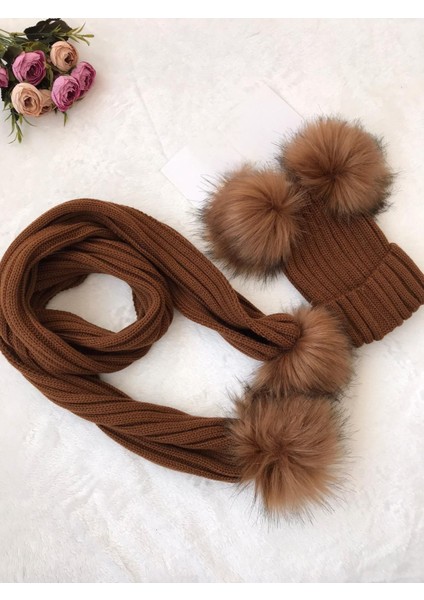 Kahverengi Atkı Bere Çift Ponponlu