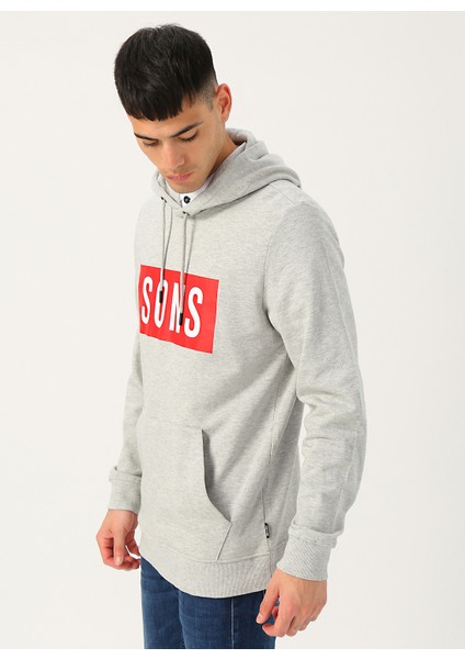 Gri Kapüşonlu Baskılı Sweatshirt