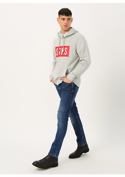 Gri Kapüşonlu Baskılı Sweatshirt