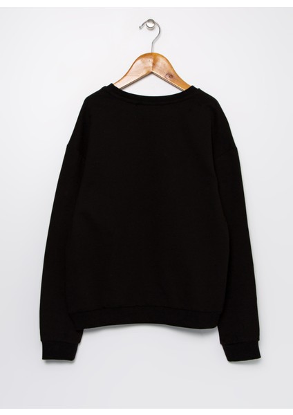 Bisiklet Yaka Simli Siyah Kız Çocuk Sweatshirt