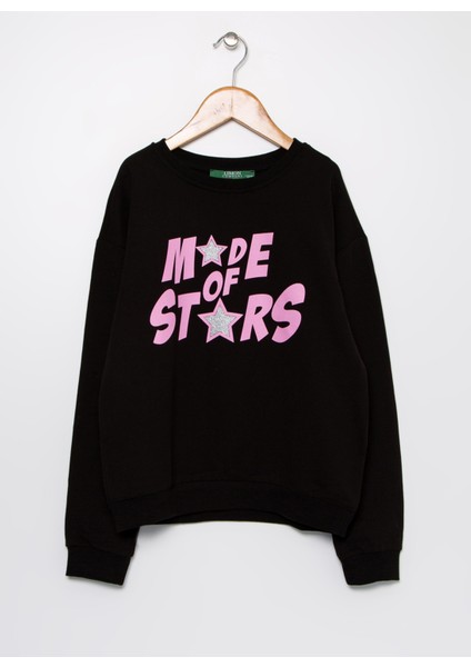 Bisiklet Yaka Simli Siyah Kız Çocuk Sweatshirt